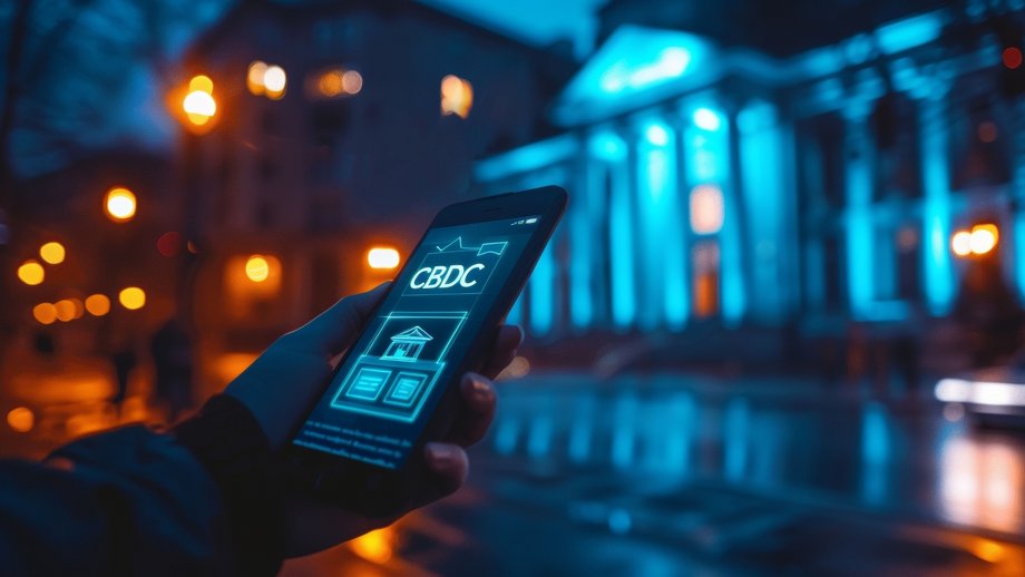 Hand holding a smartphone displaying "CBDC" in front of an illuminated bank facade at night.