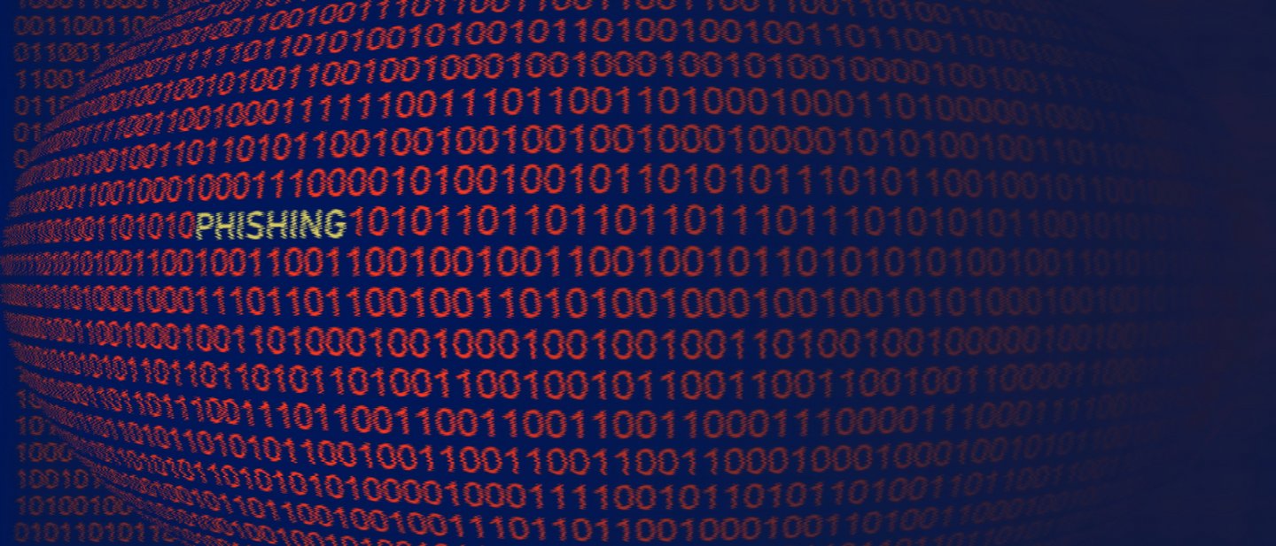A sphere composed of binary code, with the word "PHISHING" within the code.