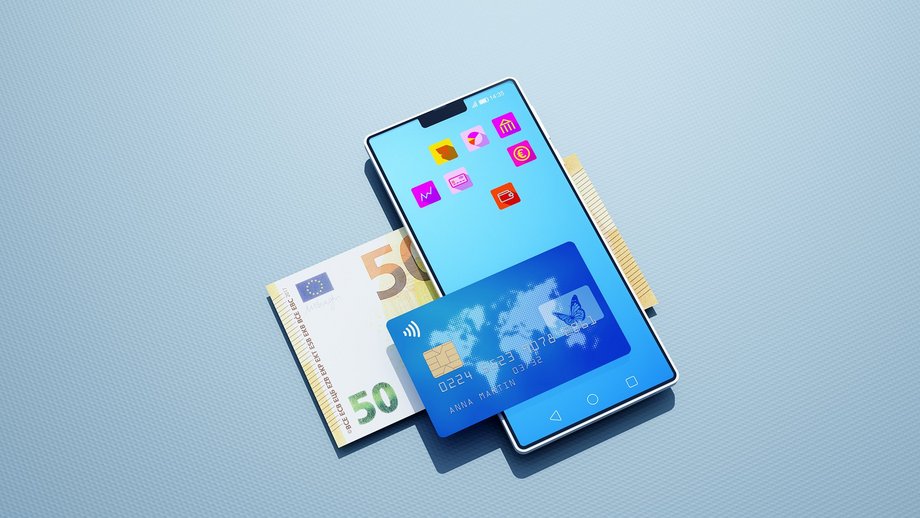 A smartphone with various app icons on the screen, a credit card, and a 50 euro banknote