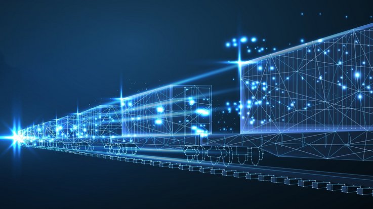 Digital wireframe model of a train with light points