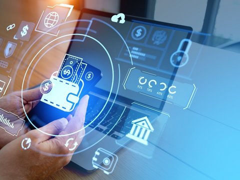 ALT TEXT (accurately describing the image 75-100 ch., include main keyword) 97 Z.	Geräteanzeige mit digitalen Geldbörsensymbolen steht für Finanzen, E-Commerce und Mobile Banking.