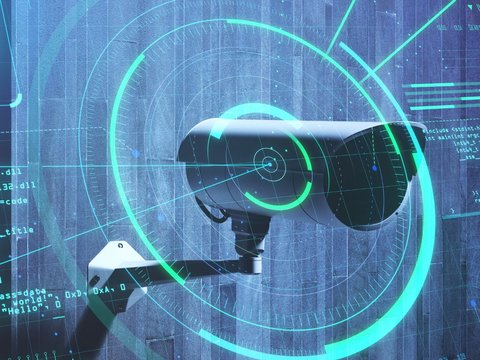 Security concept on digital screen with fingerprint, code, and radar in background of CCTV camera