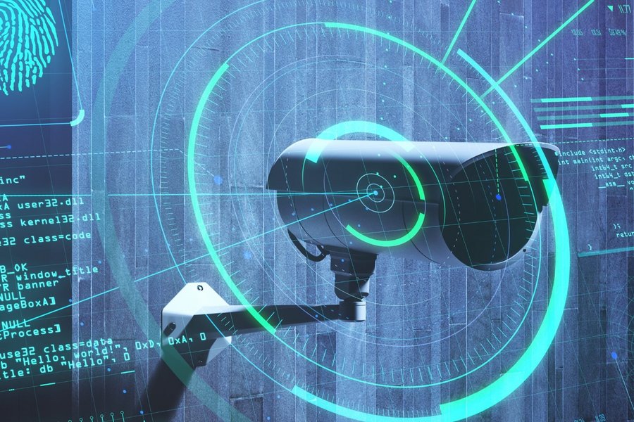 Security concept on digital screen with fingerprint, code, and radar in background of CCTV camera