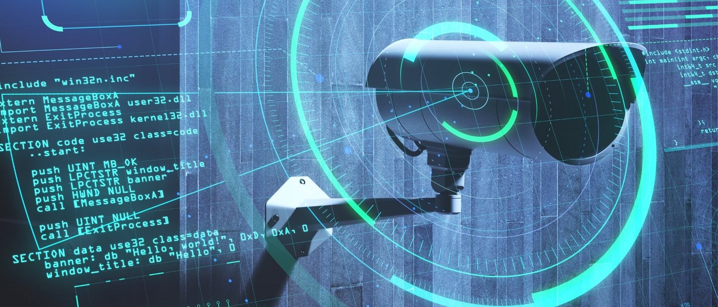 Security concept on digital screen with fingerprint, code, and radar in background of CCTV camera