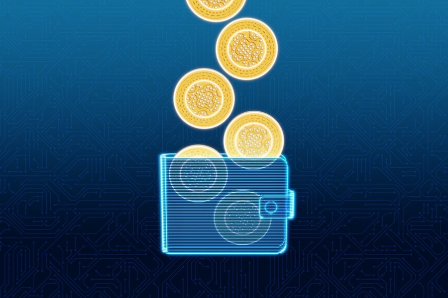 Transferring crypto coins into a digital wallet, futuristic finance meets secure virtual storage.