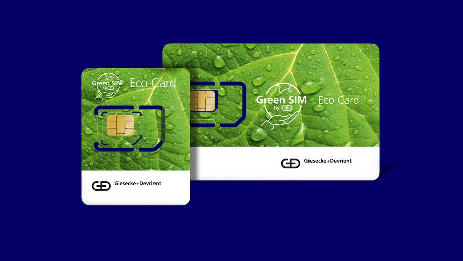Two green Eco SIM cards, one half SIM, with leaf design and G+D logo on dark blue background.