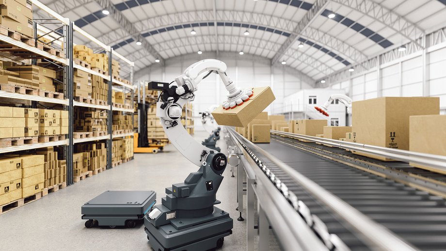 Modern automated warehouse with IoT-powered machines on a conveyor, sorting packages