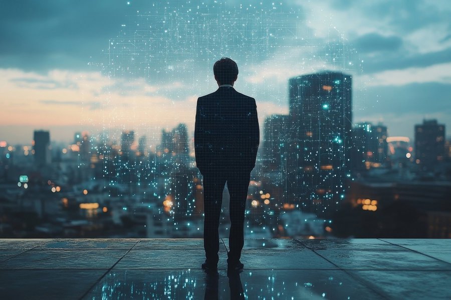 AI-generated image of businessman on a platform with the central bank digital currency dashboard