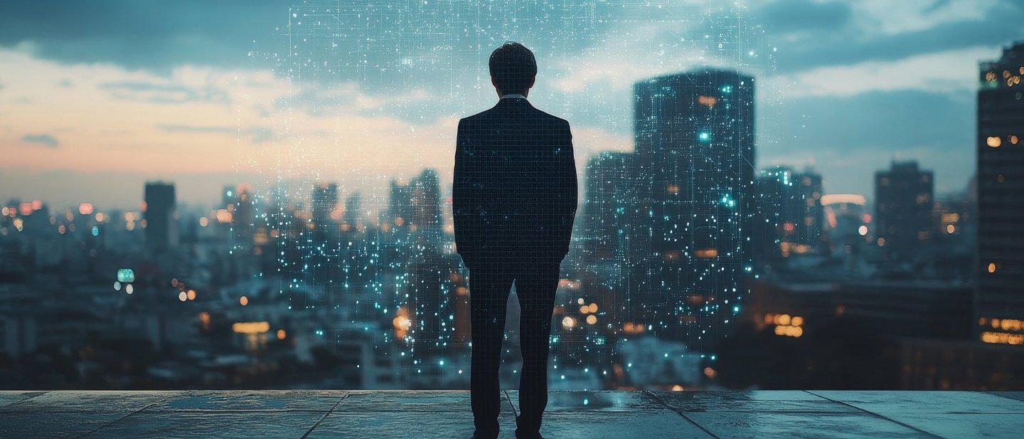 AI-generated image of businessman on a platform with the central bank digital currency dashboard