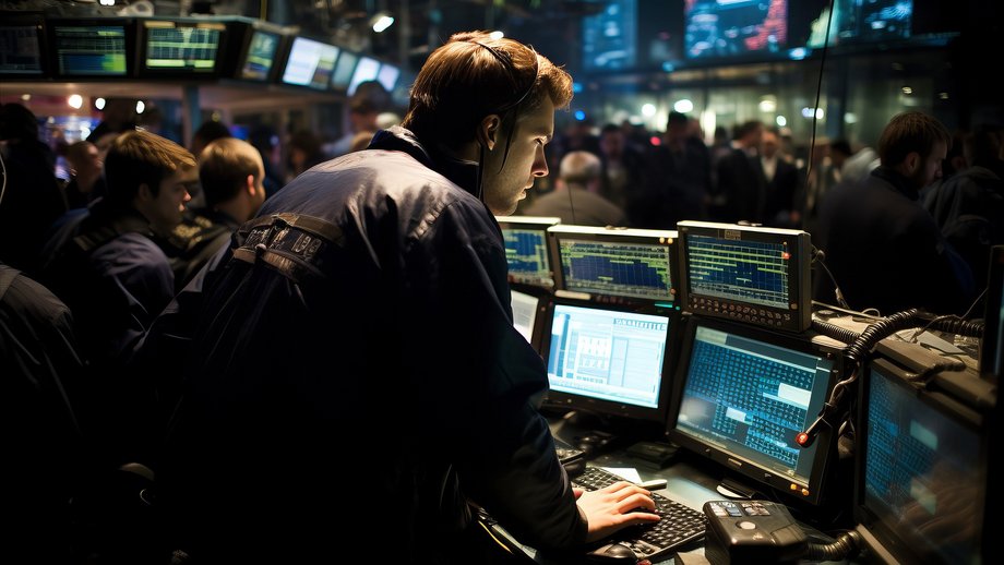 A trader working at a busy trading floor with multiple monitors displaying financial data