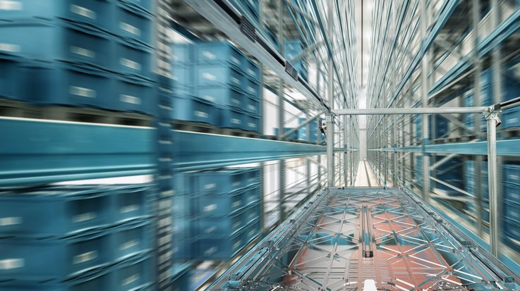 Blurred path between rows of notatray boxes