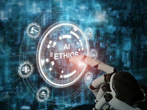 Robotic hand touches interface with AI and ethics on it, standing for machine learning algorithms