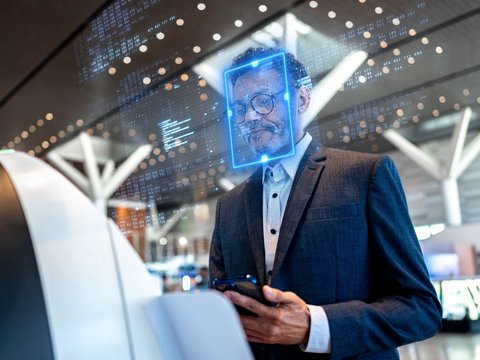 Ein Mann steht am Flughafen-Check-in mit Gesichtserkennung und testet so modernes Reisen.