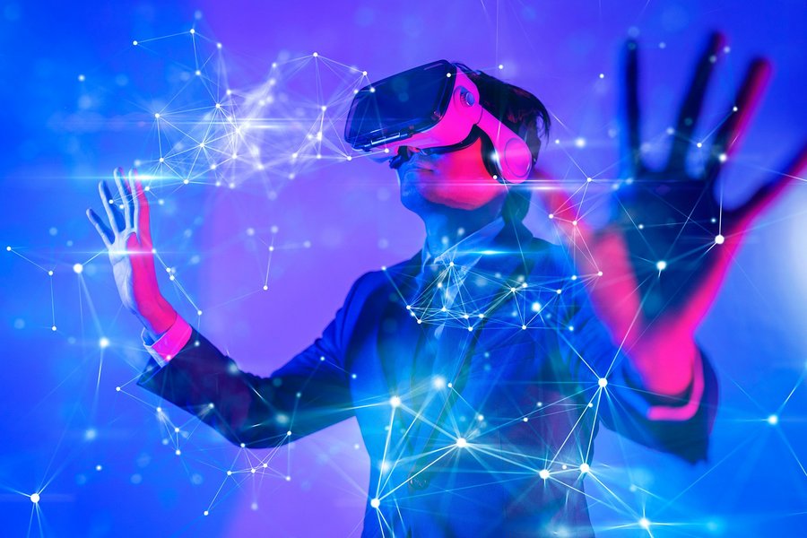 Woman with VR headset, surrounded by digital lines
