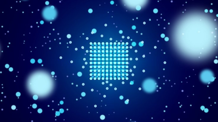 A digital abstract background featuring a grid of small blue dots in the center, surrounded by larger, glowing blue circles and scattered smaller dots on a dark blue backdrop