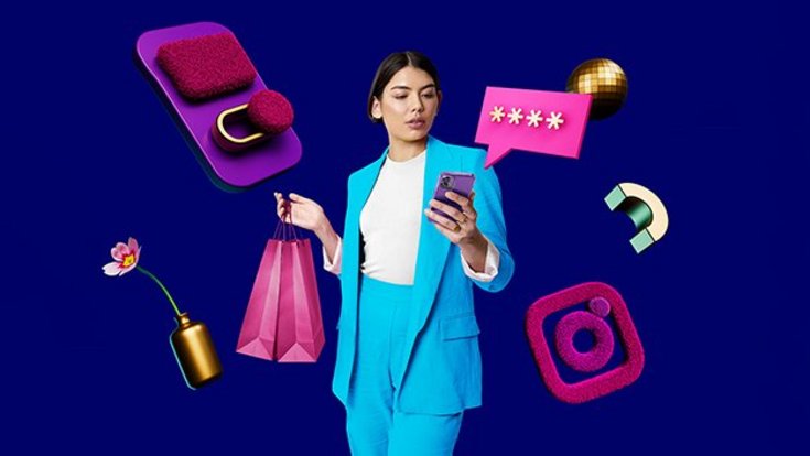 Illustration: three modern looking people with credit card and smartphones