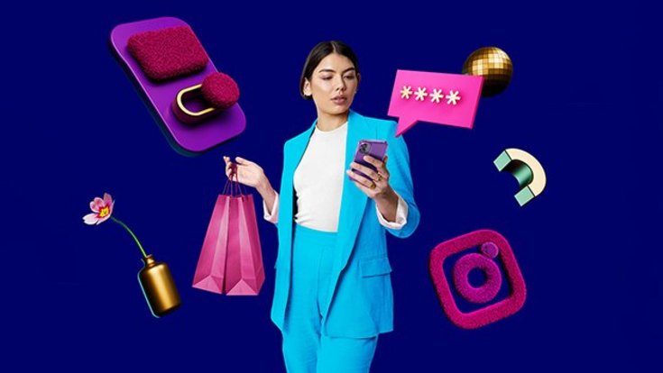 Illustration: three modern looking people with credit card and smartphones