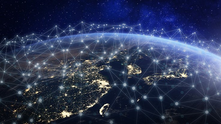 Earth view from space showing connected telecommunication networks