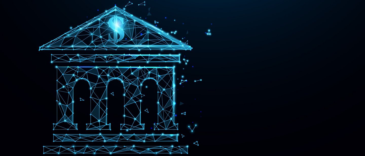 Bank building icon form lines, triangles and particle style design. Illustration vector