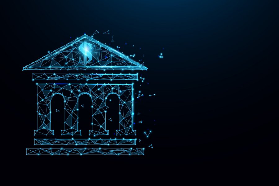 Bank building icon form lines, triangles and particle style design. Illustration vector