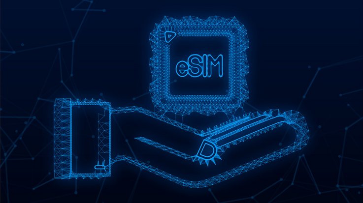 Illustration of a hand with an eSIM card