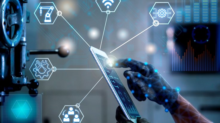 A hand interacting with a tablet, surrounded by digital symbols