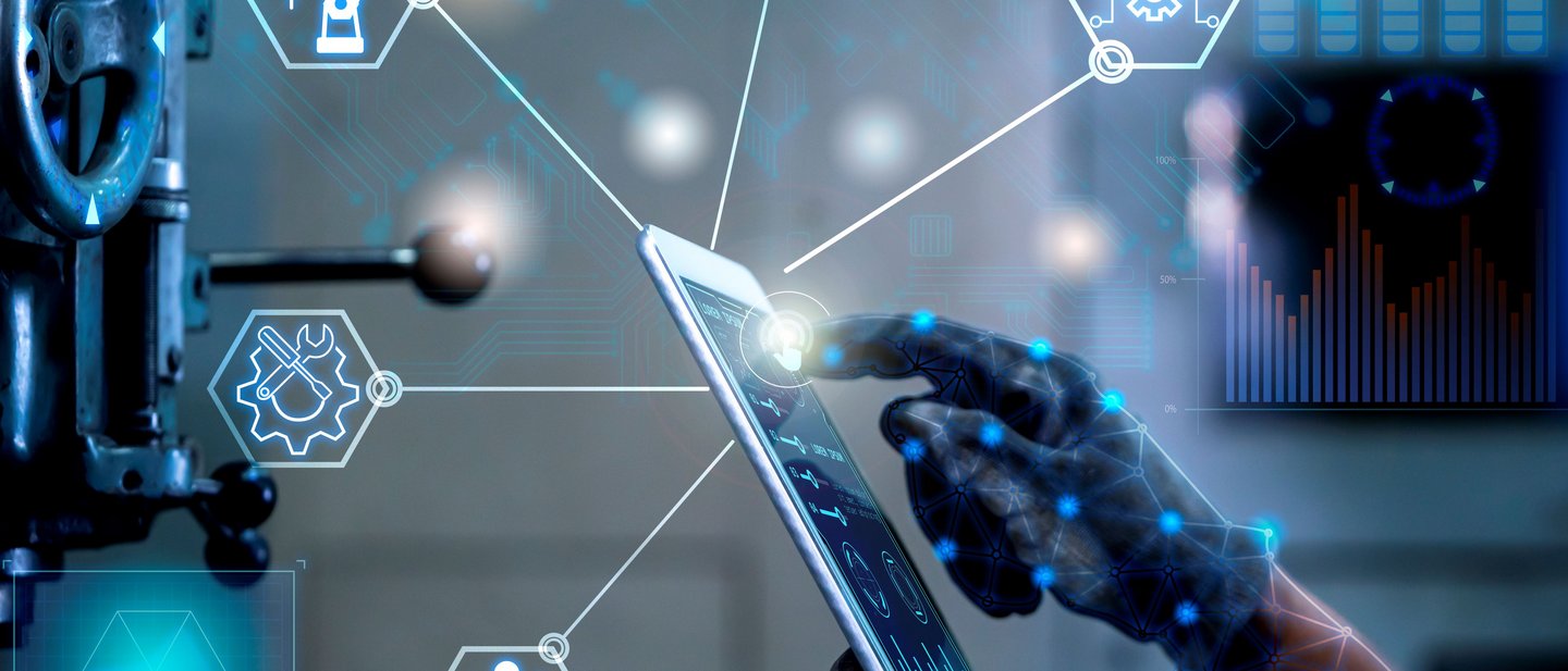 A hand interacting with a tablet, surrounded by digital symbols