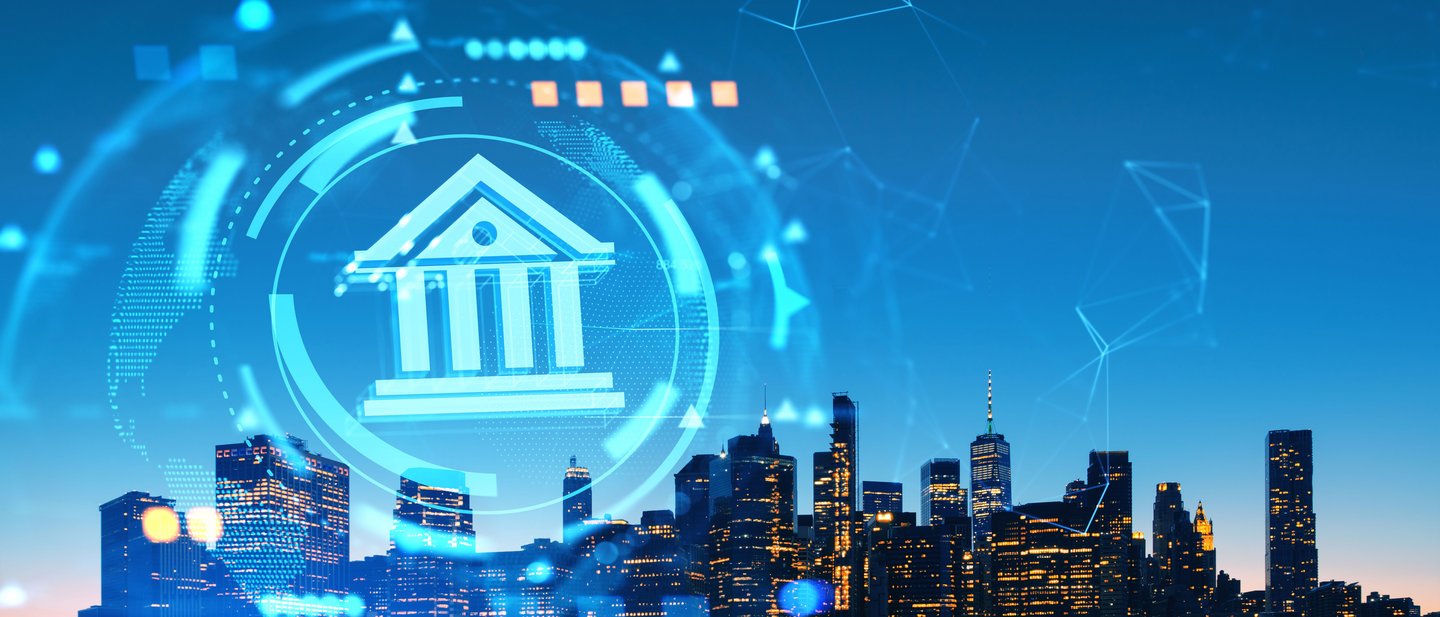 Futuristic cityscape at dusk with digital overlays, including a glowing bank icon