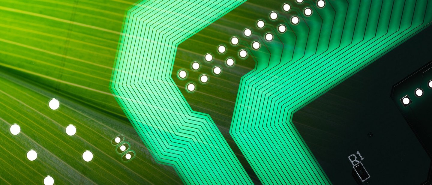 Environmental protection concept representing sustainable payment cards, Circuit board with green leaf, close-up view