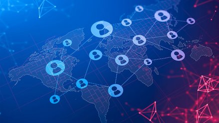 Abstract background with social network connection hologram on world map. Concept of HR and social media globalization. 3D rendering symbolizes payment outsourcing.