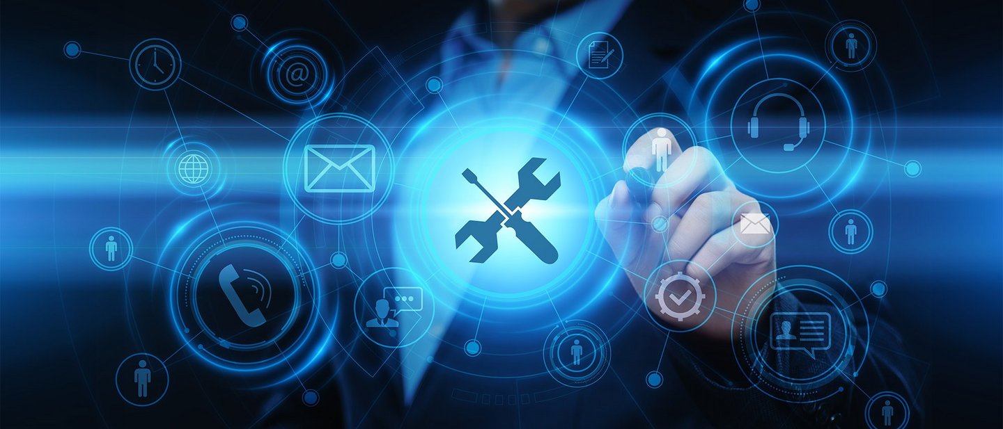 Man in suit pressing digital maintenance buttons, representing digitalized service