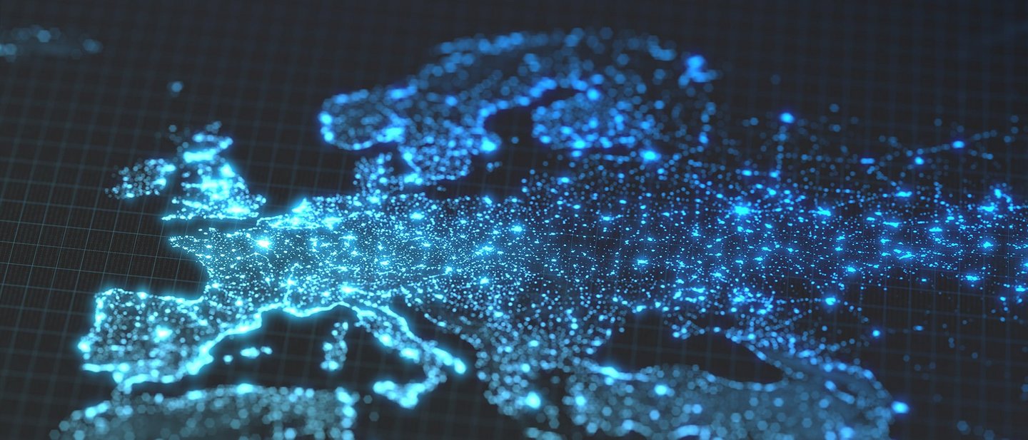 Map of Europe with blue lights on grid background