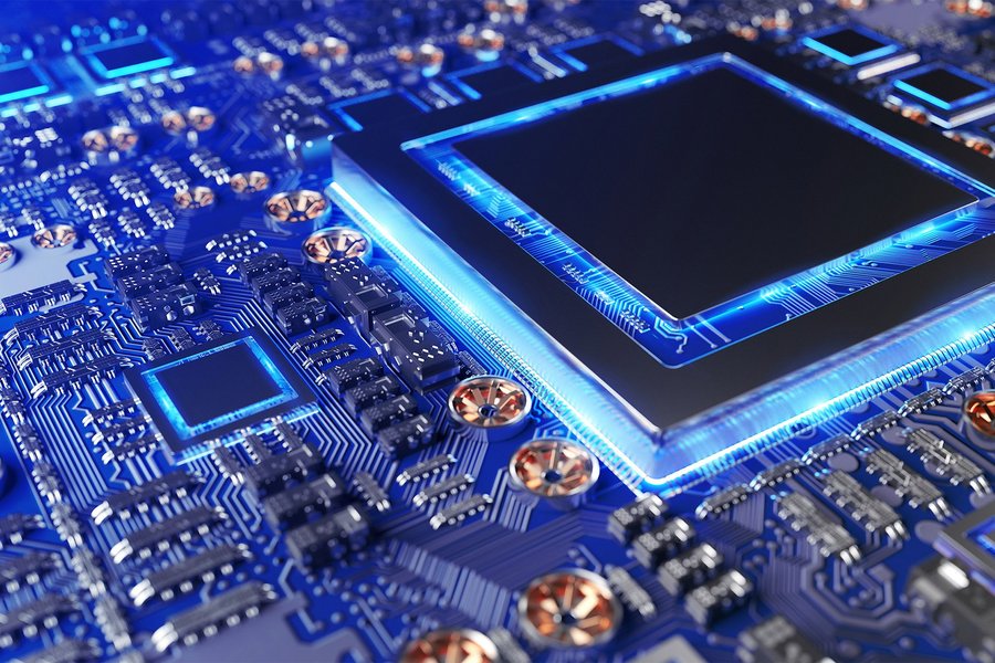 Close-up view of a modern GPU card with circuit and colorful lights and details