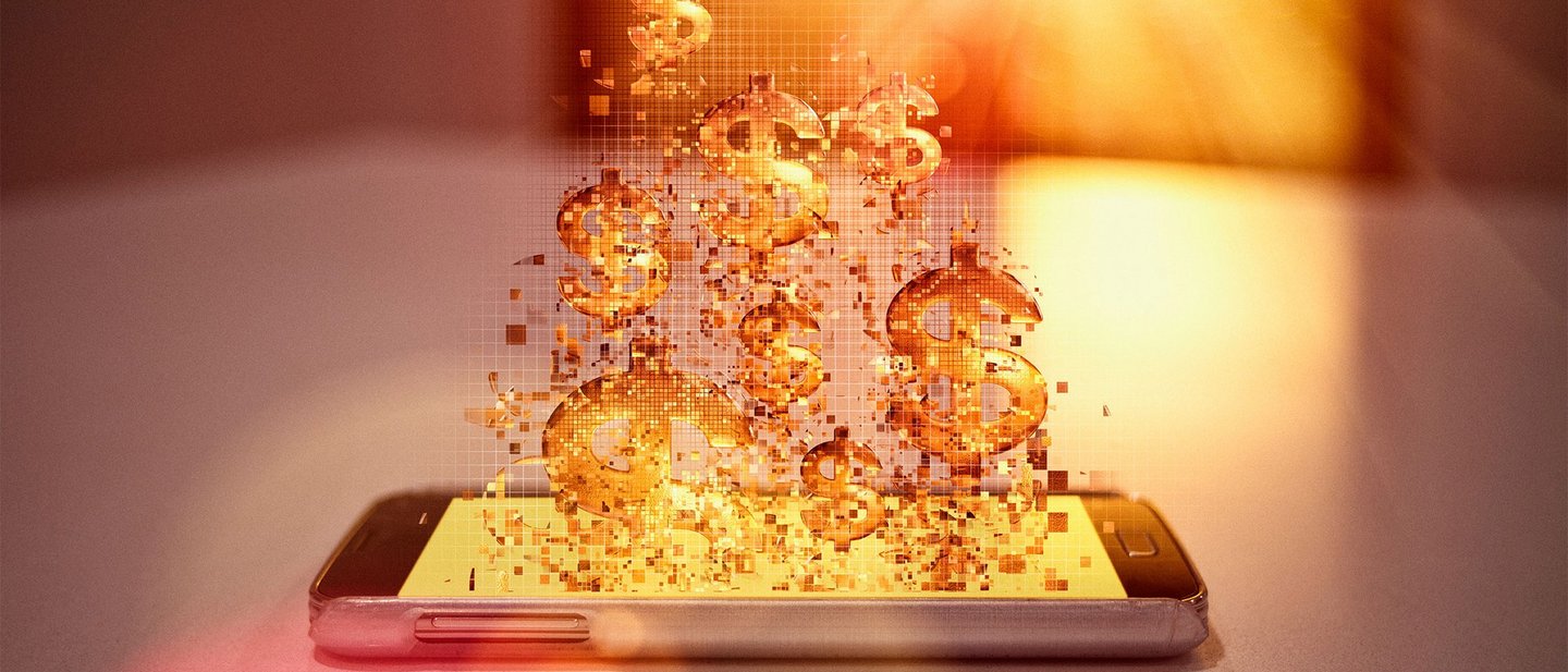 Pixelated dollar signs floating over cell phone
