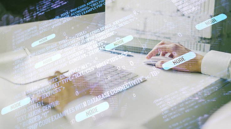 Double exposure of abstract programming language hologram with world map and hands typing on laptop on background, research and development concept