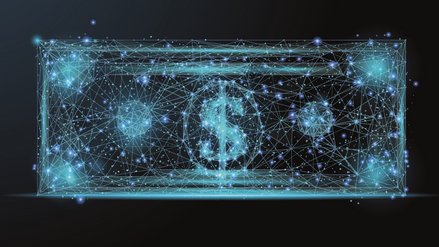 A banknote stylized from a network of digital dots and lines