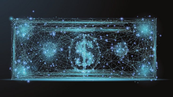A banknote stylized from a network of digital dots and lines