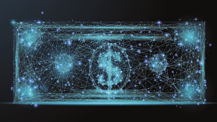 A banknote stylized from a network of digital dots and lines