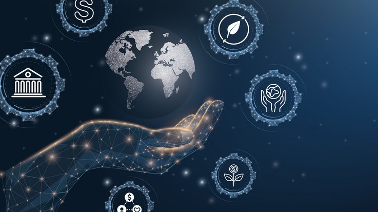 Illustration of a globe floating above an open hand, around it are grouped various symbols