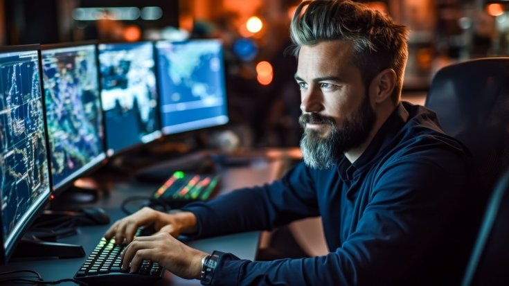 A male person sitting concentrated in front of four computer screens running applications.
