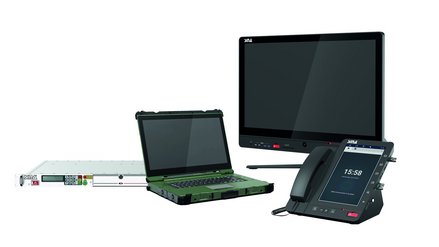 Secunet SINA Product showing multiple electronic devices including a computer screen. a telephone, a laptop and harddrive in front of a white screen