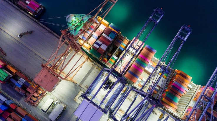 A container ship from above in a port