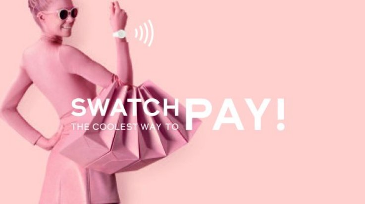 A woman with many shopping bags and a smartwatch, the caption SwatchPAY! is displayed