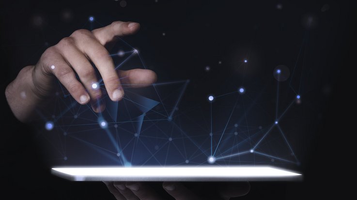 finger pointing to a virtual net, that floats on top of a screen