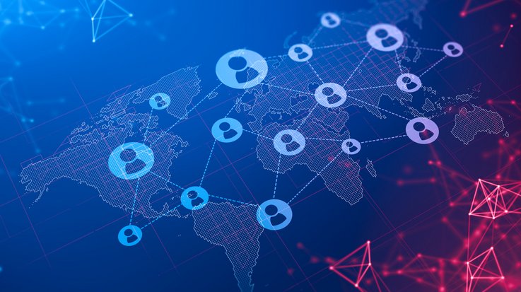 Abstract background with social network connection hologram on world map. Concept of HR and social media globalization. 3D rendering symbolizes payment outsourcing.