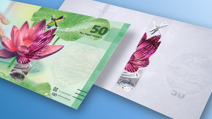 Picture of Green LongLife Banknote with image of pink lotus flower on it