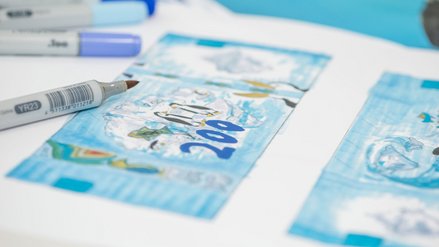 Banknotes with penguin motif painted with felt pens