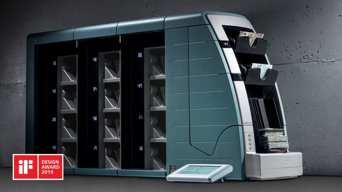 Banknote processing system BPS® C5, with the logo of the iF Award, which is one of the most prestigious design distinctions worldwide