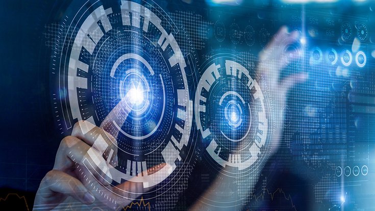 Someone presses their index finger on a simulated screen with circular shapes