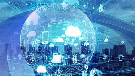 3D illusstration of a globe and many different icons and lines